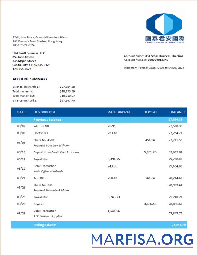 Blank Guotai Junan Securities bank corporate checking account statement Word and PDF template